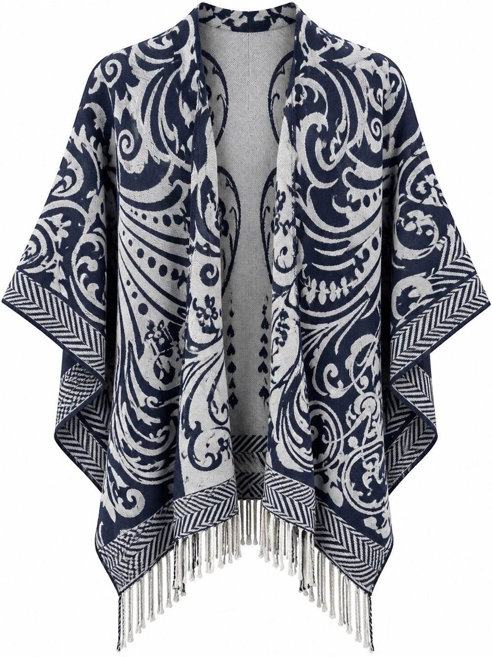 Chico's Paisley Fringe Reversible Ruana in Blue & White